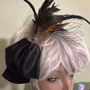 Black Headband Fascinator w/ribbon, feather & fishnet detail
